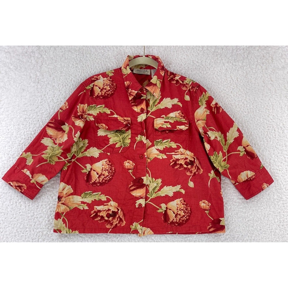 Lemon Grass Petite‎ Red Floral Button-Up Shirt Womens 3/4 Sleeve Cotton Size PM